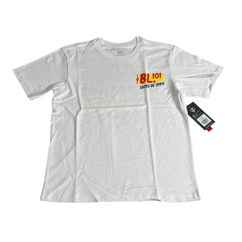 Baseball Lifestyle 101 Tacos De Oppo Graphic Tee Youth Large White Short Sleeve